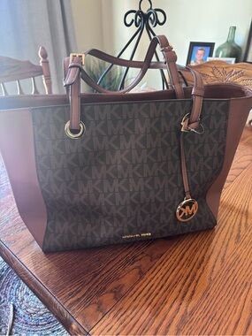 Michael Kors Brown MK Monogram Tote with Gold Hardware